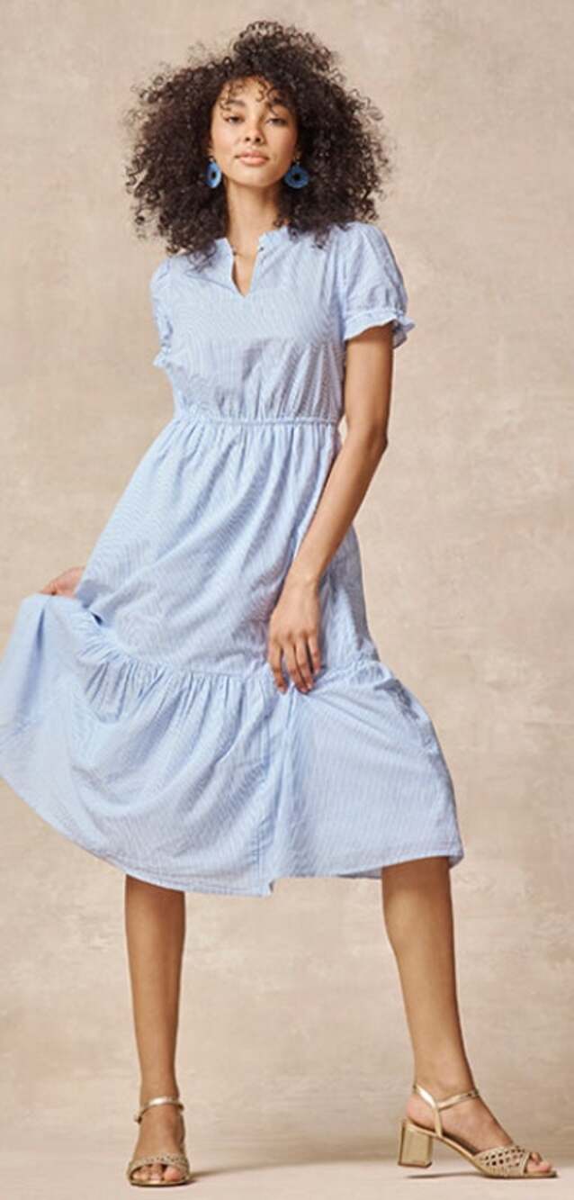 J.Crew Striped Ruffle Neck Puff Sleeve Midi Dress SZ 4P Blue White Short Sleeve